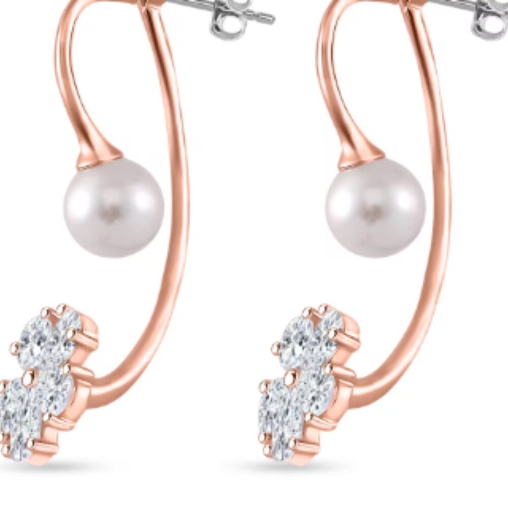 White Shell Pearl, Simulated Diamond Earrings in Rosetone - Picture 3 of 4